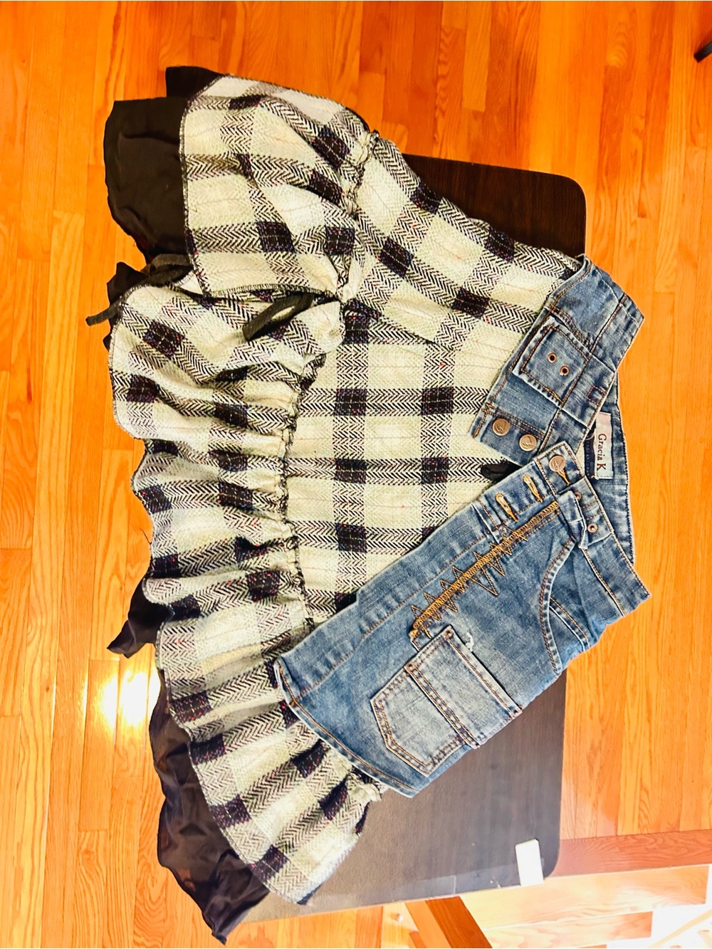 Gracia Plaid Ruffle Denim-Accented Skirt in Black, White, Blue